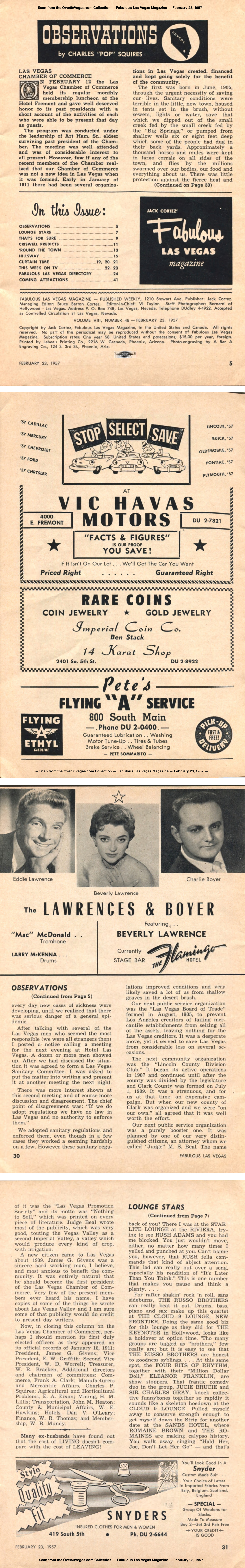 Observations by Pop Squires — Fabulous Las Vegas Magazine —  February 23, 1957